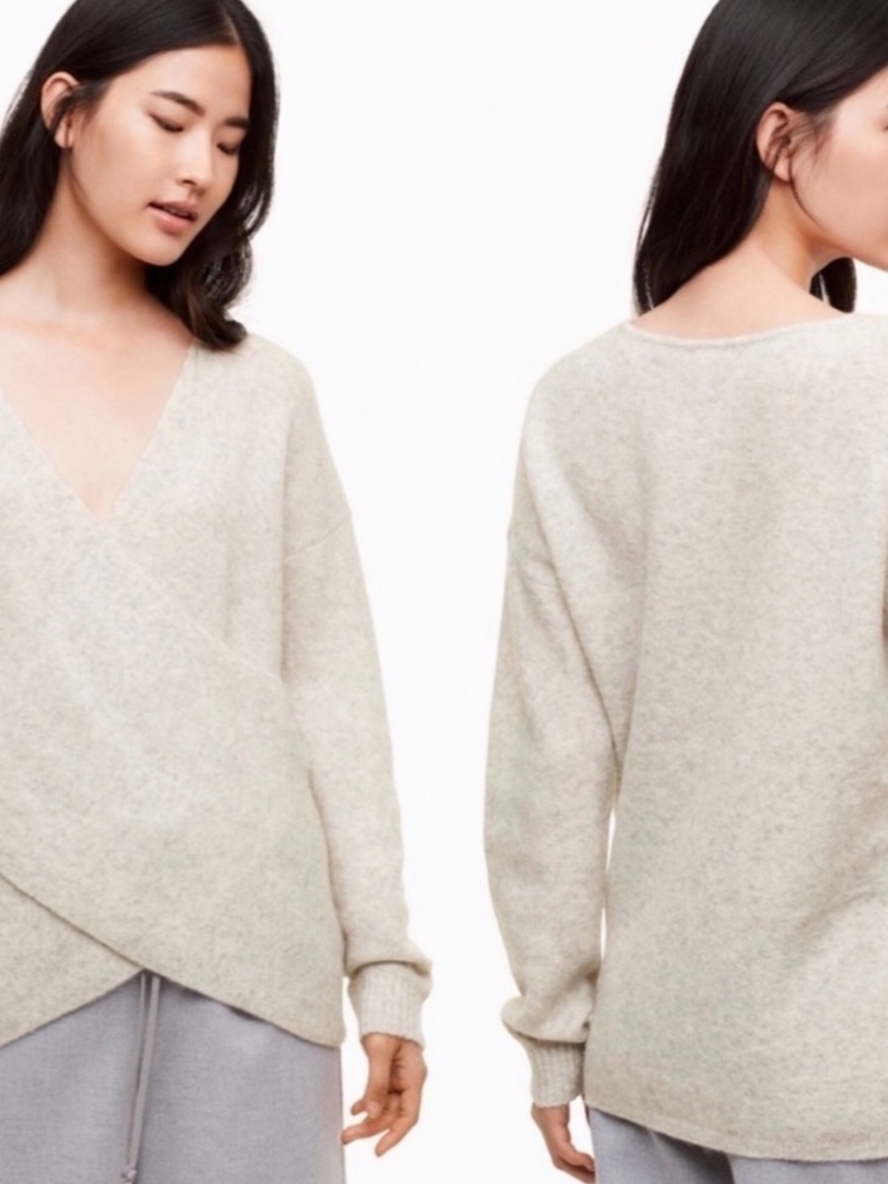 Aritzia Light Cream V-Neck Wrap-Front Sweater